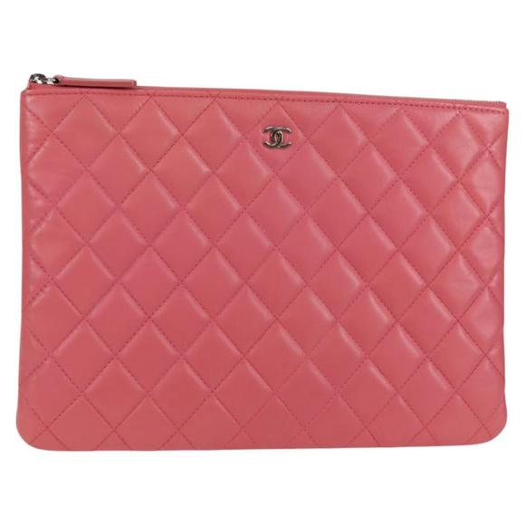 CHANEL Matelasse Clutch Bag Lamb Skin Pink Silver CC Auth 115255A - Picture 1 of 16